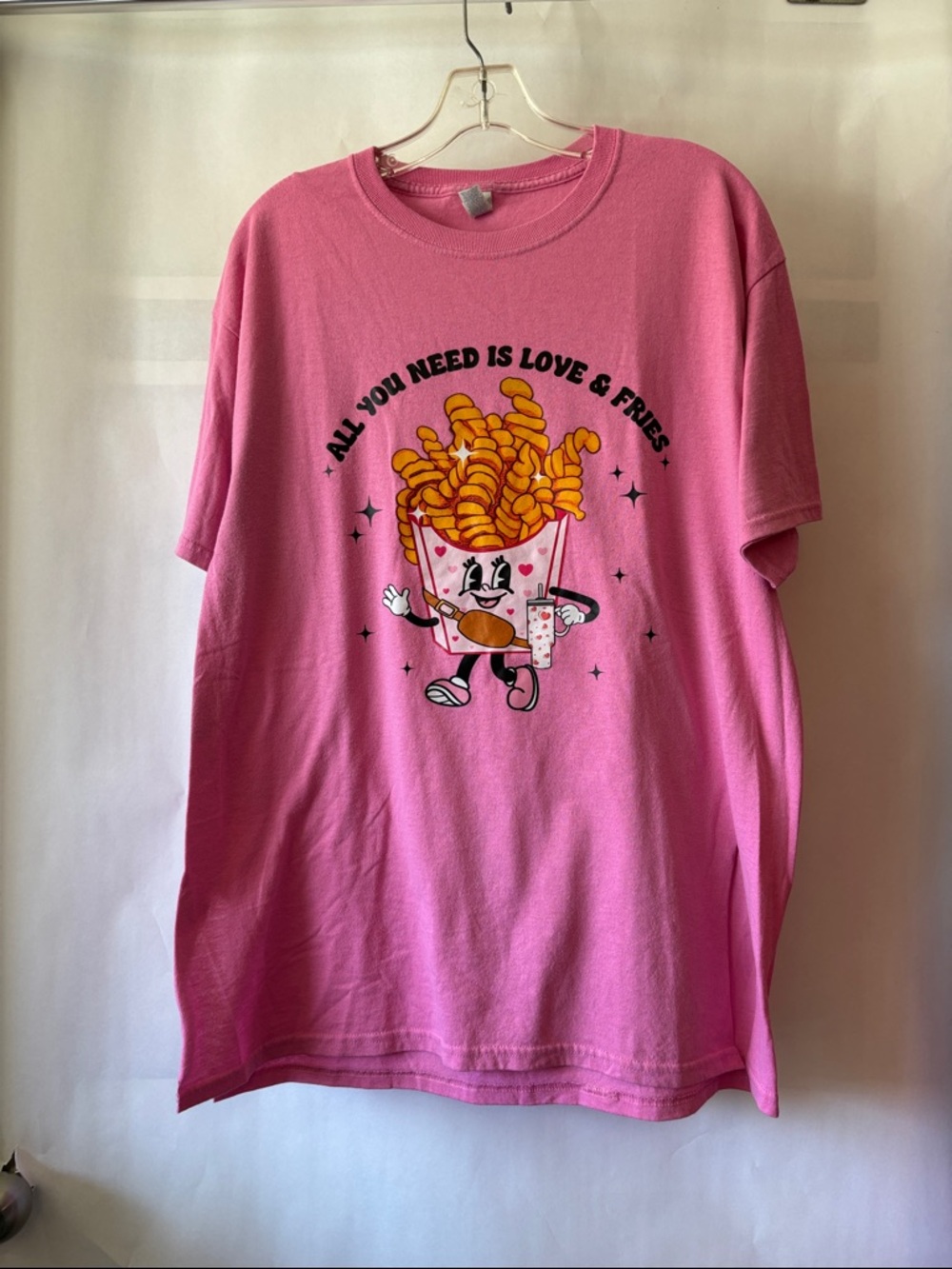 Jerzees Pink Tee "All You Need Is Love & Fries" has been cut on both sides